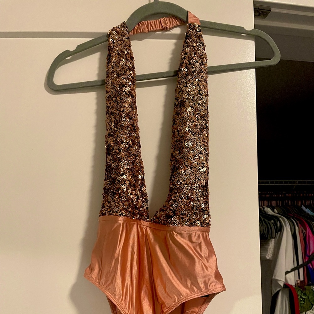 Out From Under Peach Glitter Rave Bodysuit, XS